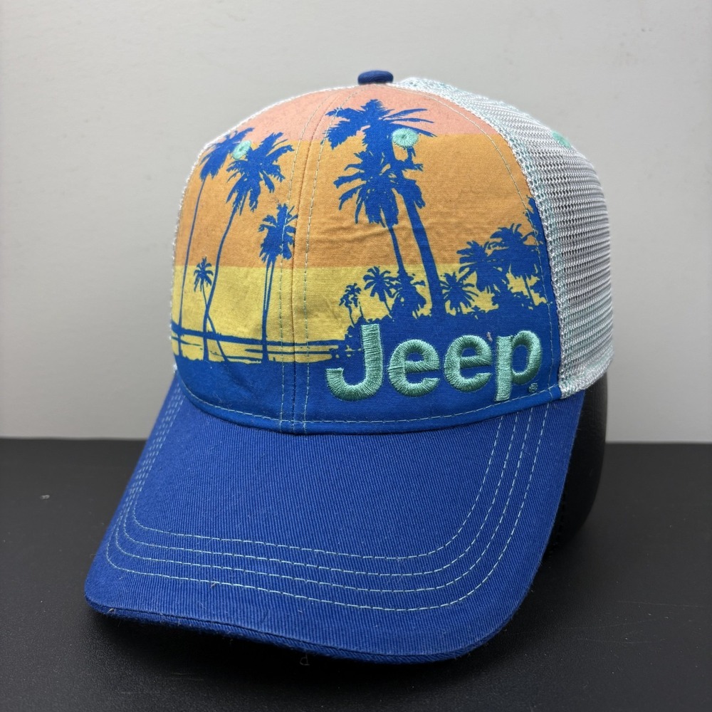 Jeep Beach Sunset Palm Tree Blue Mesh Snapback Trucker Hat Off Road Cap